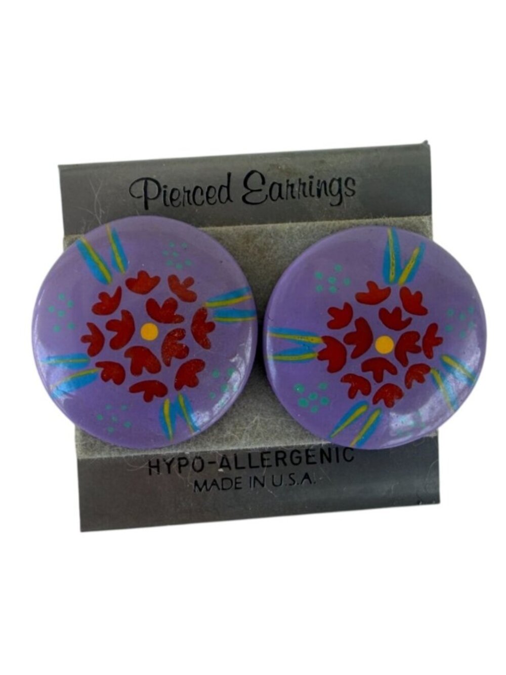 Vintage NOS Large Button Stud Purple Pierced Earrings Flower Hypo-Allergenic 80s